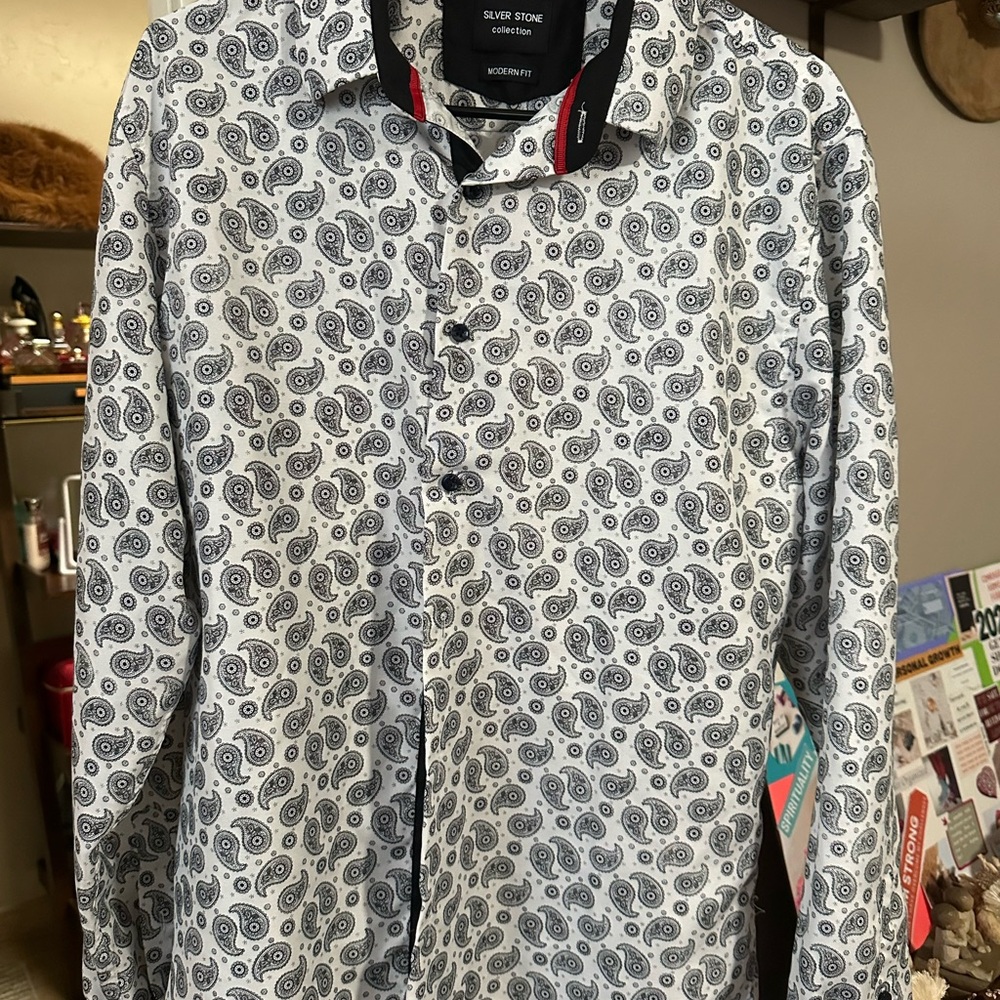 Silver Stone Men's White and Black Dress Shirt